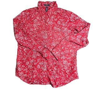 Chaps Denim Womens Shirt Cotton Button Front Red Western Floral Print XL